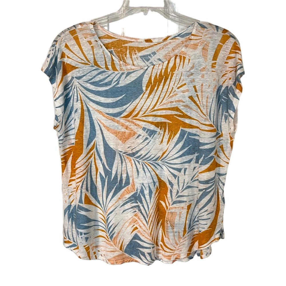 Cynthia Rowley 100% Linen Knit Top XL Tropical Palm Teal Mustard Boxy Resortwear